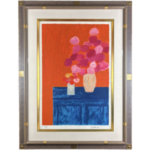 Hydrangeas and Zinnias on a Blue Chest